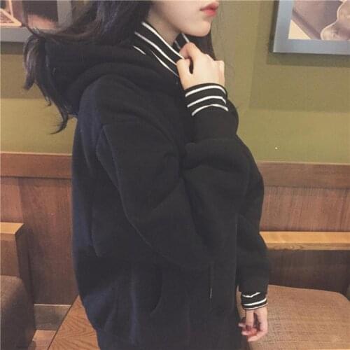 Cotton New Autumn Women Long Sleeve Hoody Hoodies Collar Cuff Stripes Kpop Hooded Pullovers Ladies Casual Loose Sweatshirt