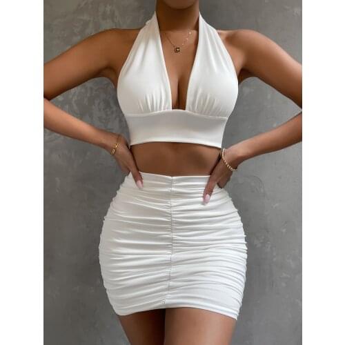 Two Piece Sets Women Vintage Printed Dress Sets Corset Crop Tops + Strapless Mini Dress 2021 Summer Sexy Club 2Pcs Set Female