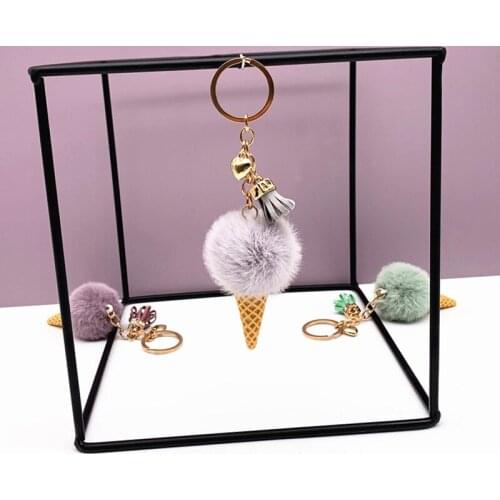 1Pcs Fur Fluffy Ice Cream Keychain Soft Plush Ball Pendant Key Chains For Women Handbag Jewelry Car Decoration Keyrings