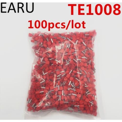 100PCS E Tube TE1008 Type Double Pipe Insulated Twin Cord Cold-press Terminal Block Connector Needle End Multicolor 2X1.0 mm2