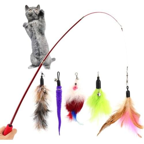 5pcs/Lot Cat Toys Feather Wand Kitten Cat Teaser Turkey Feather Interactive Stick Toy Wire Gatos Chaser Wand Toy Random Color