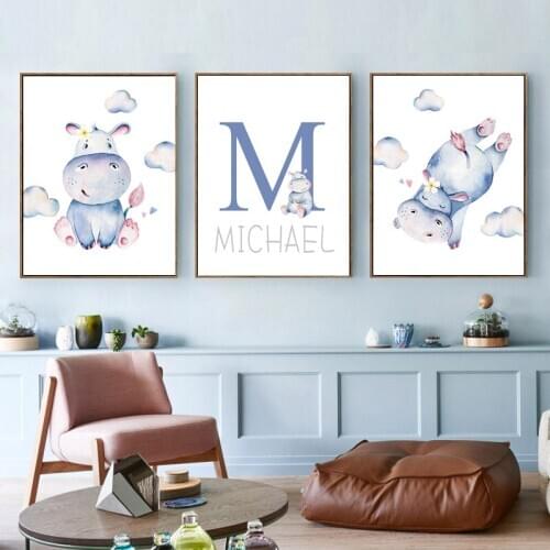 Watercolor Cartoon Hippo Nursery Wall Art Print Canvas Painting Animal Custom Name Poster Nordic Pictures Kids Room Decoration