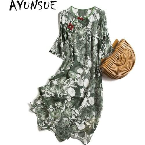 AYUNSUE Retro Silk Dress Women Summer Clothes for Women Floral Green Midi Elegant Ladies Dresses Vintage Vestidos Mujer KJ6572