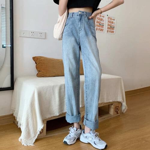 Light Color Long Straight Jeans Women Autumn Vintage Clothes Denim Trousers Pantalon Femme High Waist Casual Mom Jeans C7586