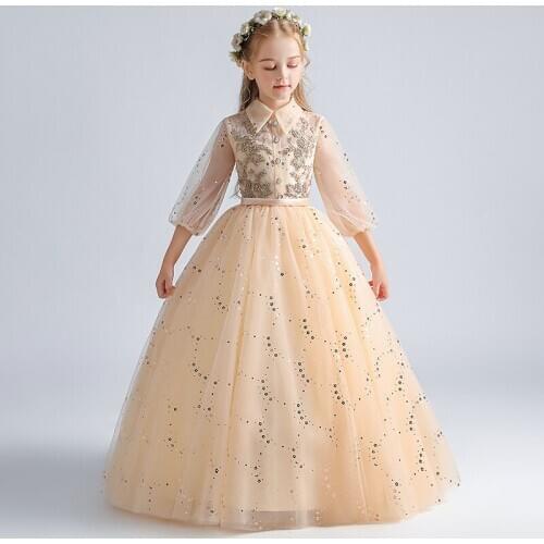 Flower Girl Dresses Illusion Beading Pearls Embroidery Sequined Princess Floor-Length Ball Gown Tulle Lace Kids Party Skirt H071