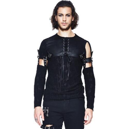 New Arrival Punk T-shirt Mens Bandage Hollow Out Black T-shirts Belt Sleeves T-shirts Devil Fashion O-neck T-shirt