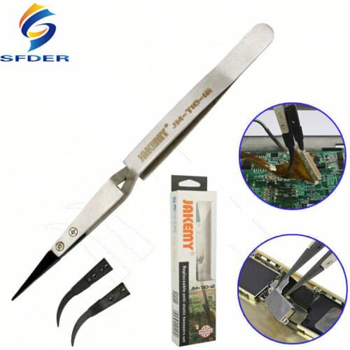Jakemy JM-T10-12 Stainless Steel Precision Anti-static ESD Tweezers with Curved & Straight Plastic Tip for Phone Repair BGA Work