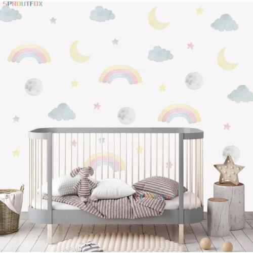 Colorful Rainbow Cartoon Moon Clouds Stars Wall Stickers for Baby Room Kids Room Modern Decoration Vinyl Nursery Decals