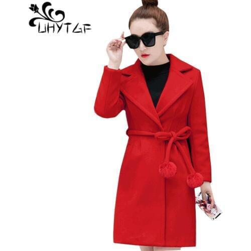 UHYTGF Fashion Winter Wool Coat Women Thick Suit collar Belt Woolen Coat Slim Elegant Woman Coat Plus size Outerwear Autumn 701