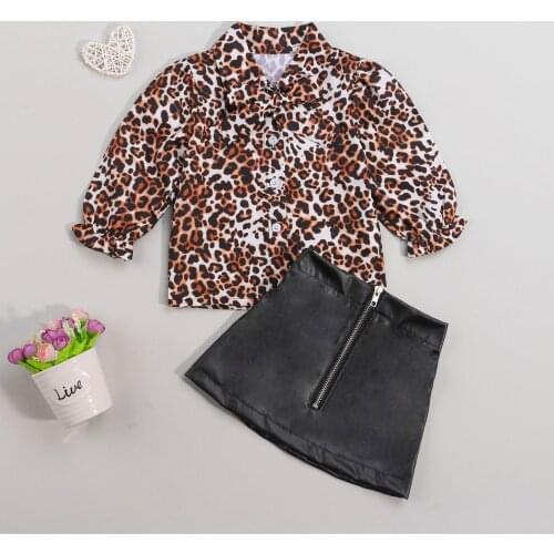 Fashion New 2021 Autumn Toddler Girl’s Outfits Suit Leopard Print Long Sleeve T-shirt and Leather Short Skirts 2PCS Clothes Set