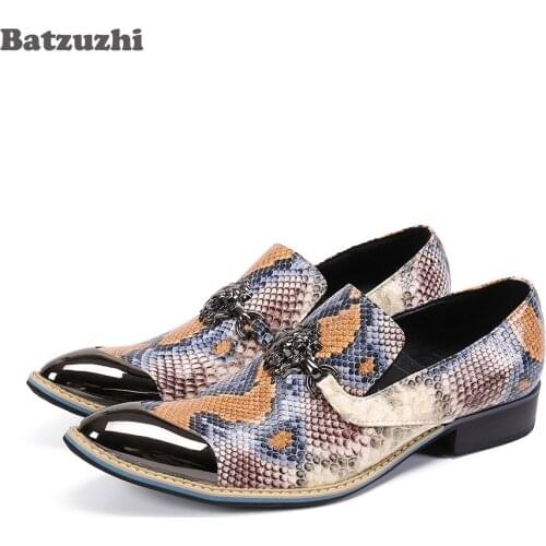 Batzuzhi Italian Type Handmade Mens Shoes Pointed Metal Toe Formal Leather Dress Shoes Men Snake Pattern Oxfords Shoes Male