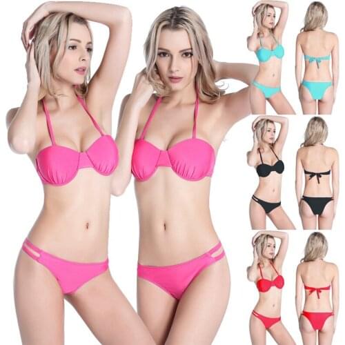 2021 New Womens Swimwear Euro-American Fashion Nylon Swimwear Hanging Neck with Steel Support Hard Cups Poly Bikini