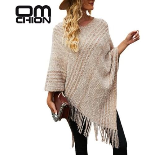 OMCHION Womens Winter Clothing 2021 Korean New V Neck Striped Cloak Women Casual Loose Shawl Tassel Sweater Coat Batwing Sleeve