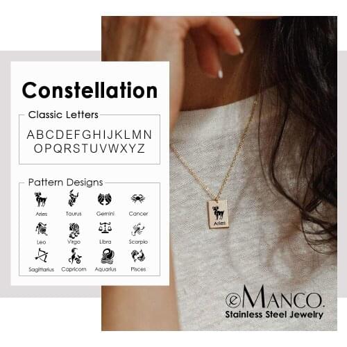 EManco 2021 Zodiac Necklace Celestial Anniversary Jewelry Aries Leo Custom Name Lettering Birthday Gold Stainless Steel Necklace