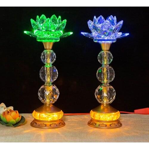 A Pair 2PCS Wholesale Buddhism supply HOME SHOP temple altar Buddhist worship Guan yin 7 colour crystal Plug-in buddha lamp