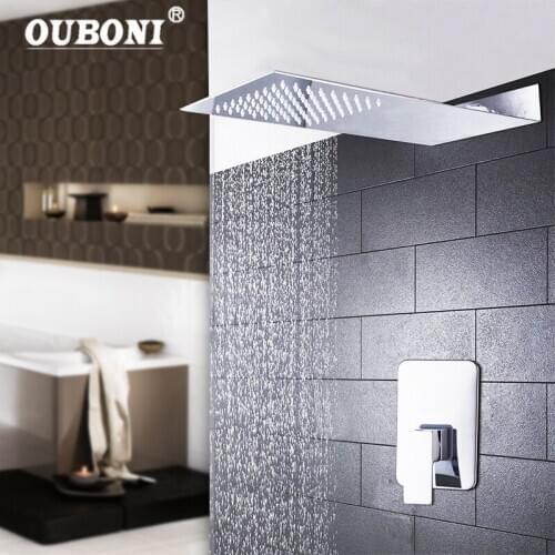 OUBONI Luxury Rainfall Chrome Polish Shower Head Wall Mounted Square Brass Shower Set Direct Bathroom Shower Kit Faucet Set
