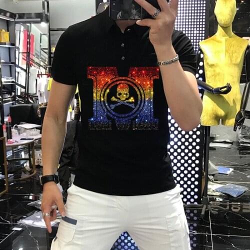 Perfect Lapel Design Male Short Sleeve Summer Couple High Quality Letters Rhinestone Breathable Comfort Mens Polo Shirt