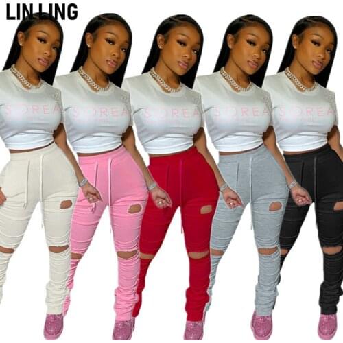 LINLING Ripped Pleated Jogging Pants Pocket Lace Up Buttock Lifting Slim Micro Trumpet Sports Pants