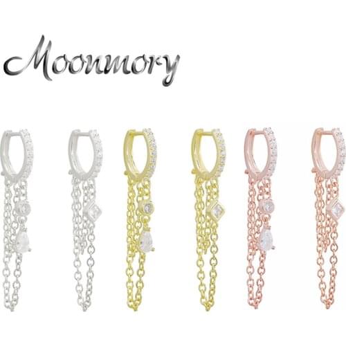 Moonmory 100% 925 Sterling Silver Double Chain Zircon Drop Earring For Women Gift Luxury Crystal Long Dangle Earring Jewelry