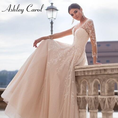 Ashley Carol A-Line Wedding Dress 2021 Long Sleeve Romantic Backless Sparkling Appliques Princess Bridal Gown Vestido De Novia