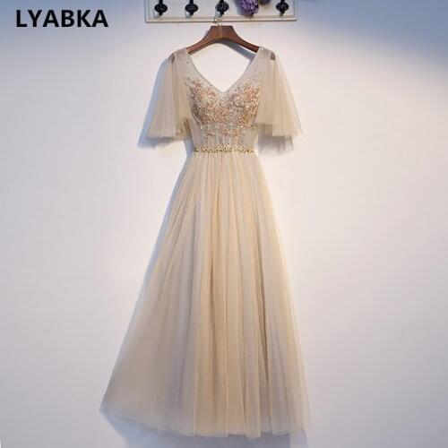 V-Neck Half Sleeve Evening Dress Elegant Robe De Soiree Tulle With Beading Evening Dresses Long Dress 2020 Vestido De Festa