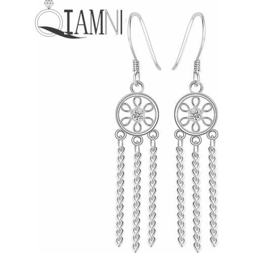 QIAMNI Elegant Crystal Flower Dream Catcher Tassel Chain Dangle Earrings Hipster Wedding Birthday Gift Female Brincos Bijoux