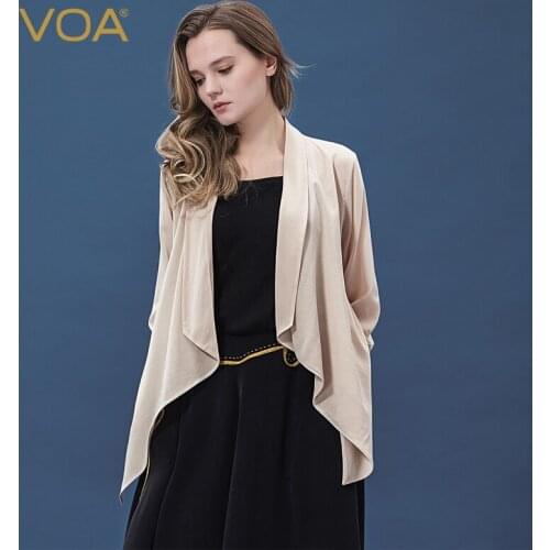 VOA Silk Georgette Ruffles Scarf Collar Top B1017 Three Quarter Simple Versatile Anti-stalking Holiday Beach Sunscreen Thin Coat