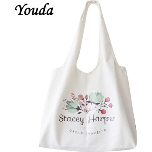 Women Reusable Shopping Bag Eco Handbag Beach Bag Big Capacity Casual Linen Cotton Canvas Shoulder Bag Flower Print Tote Bags