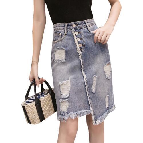 2019 New Single-breasted Denim Skirt High Waist Solid Irregular Hole Sexy Denim Skirt Female Medium Length Spring Summer Skirt