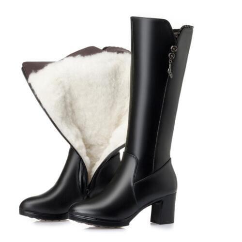 D398 Women plus size long boots genuine leather female winter boots thick warm wool trend women motorcycle boots shoes High heel