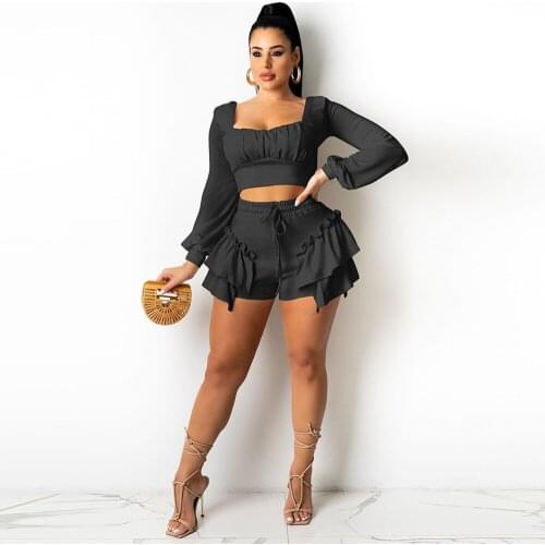Classic Solid Two Piece Set Women Early Autumn Casual Long Sleeve Square Collar Crop Top+cascading Ruffle Short Matching Suits