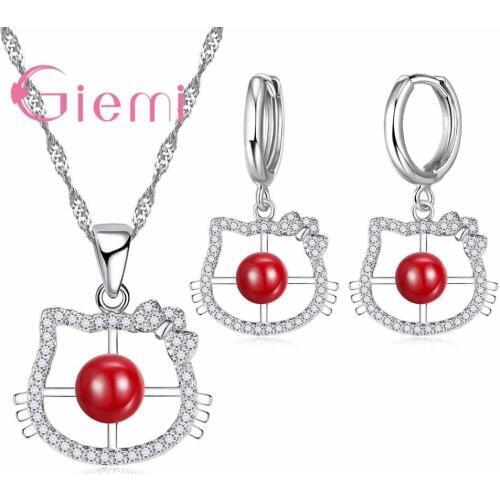 Unique Cute Cat Shape Paved White CZ Crystal 925 Sterling Silver Necklace Earring Jewelry Sets Red Pearl Women Bijoux
