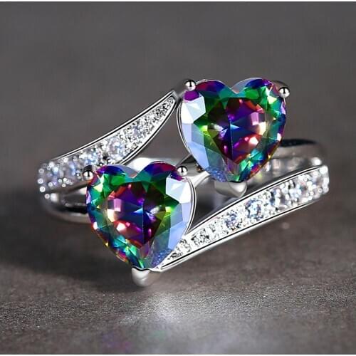 New Popular Color Double Love Heart Shaped Zircon Women Ring Personality Double Heart Inlaid Zircon Ring Hot Sale