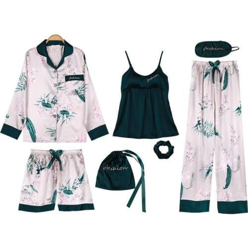 2021 Summer Satin Sexy Pajamas Womens Sleepwear Leaf Print Cami and Pants Pajama Set with Shirt and Eye Mask