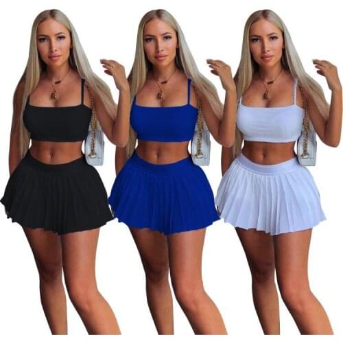 67W8392 Summer Women Casual Fashion Solid Sexy Navel Two Piece Set Sports Pleated Skirt Strap Solid Color Tennis Suit Hot