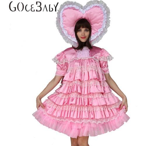 Adult Baby Sissy Girl Maid Satin Big Heart Dress Costume Uniform Cosplay Costume