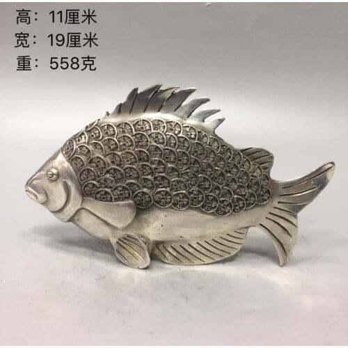 White copper Fish Figurines Antique Feng Shui Desktop Ornament Craft Cupronickel Simulation Carp Home Decoration Accessory