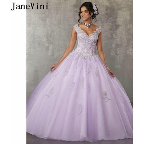 JaneVini Princess Elegant Long Quinceanera Dresses 2019 V Neck Lace Appliques Beaded Puffy Tulle Ball Gown Vestidos De 15 Anos