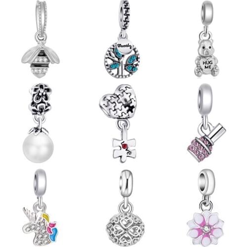 Hot Sale Crystal Lipstick Bear Bee Tree Squirrel Simulated Pearl Pendants Fit Original Pandora Charms Bead for Women DIY Jewelry