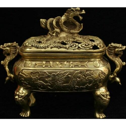 Chinese Bronze Brass Dragon Lion Palace Incense Burner Censer Statue Sculpture