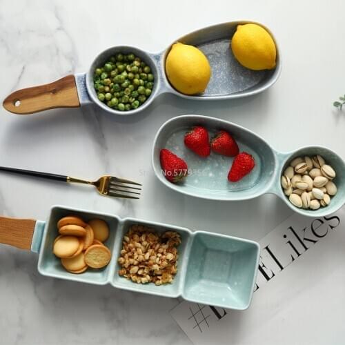 Nordic Creative Tableware Ceramic Bowl Household Fruit Snacks with Wooden Handle Dried Fruit Snack Plate Salad Plate