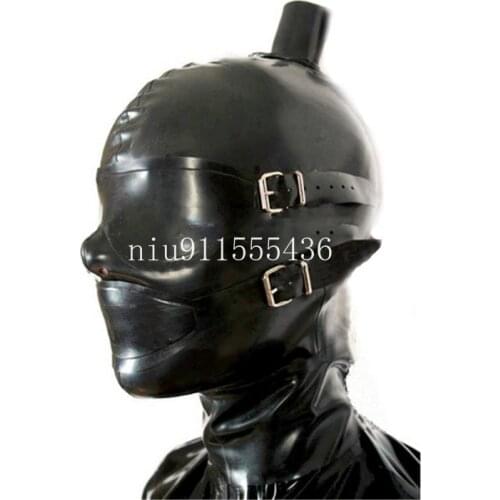 Handmade Latex Hoods Rubber Mask with Eyes Cover Mouth Cover with Mouth Gag Hair Tube for Men Women