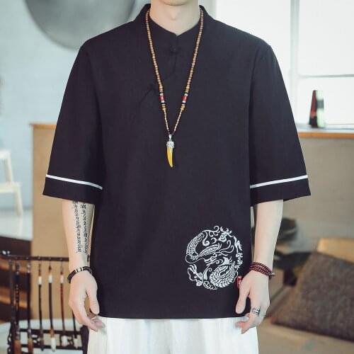 Chinese Style Summer Embroidered Thin Linen T-shirt Young Mens Large Size Short Sleeve Casual T-shirt