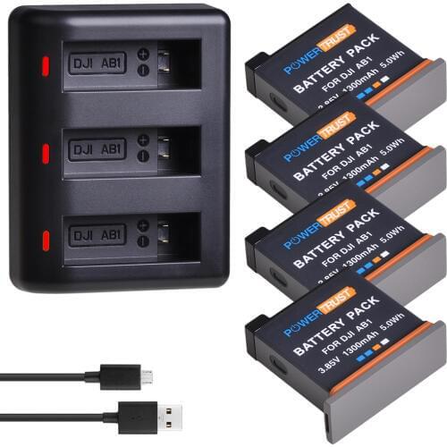 PowerTrust 1300mAh Rechargeable Li-ion AB1 Battery + USB Charger with Type C Port for DJI Osmo Action Sports Camera Batteries