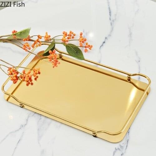 Stainless Steel Metal Rectangle Tray Tea Set Jewelry Desktop Storage Tray Decoration European Style Home Restaurant Serving Tray