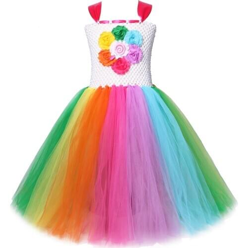 Sweet Girl Princess Long Dresses Rainbow Candy Costume for Kids Children Tutu Dress Flowers Lollipop for Carnival Birthday Party