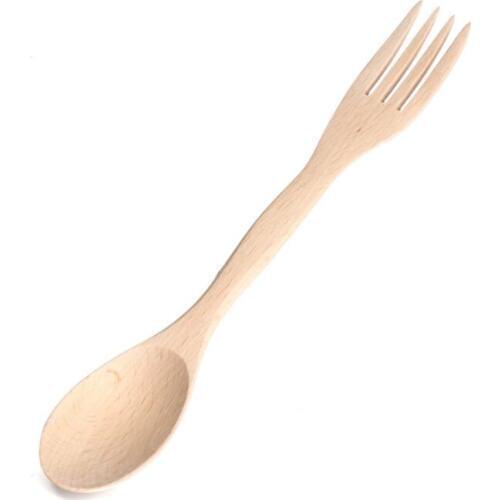 Fashion Natural Wood Spoon Fork 2 in 1 Cooking Dining Utensil Chinese Long Handle Cutlery LX7213