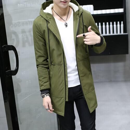 Fashion Winter mens Long hooded jacket Slim fit Plus velvet coat cashmere male cotton windproof windbreaker Parkas clothing Top