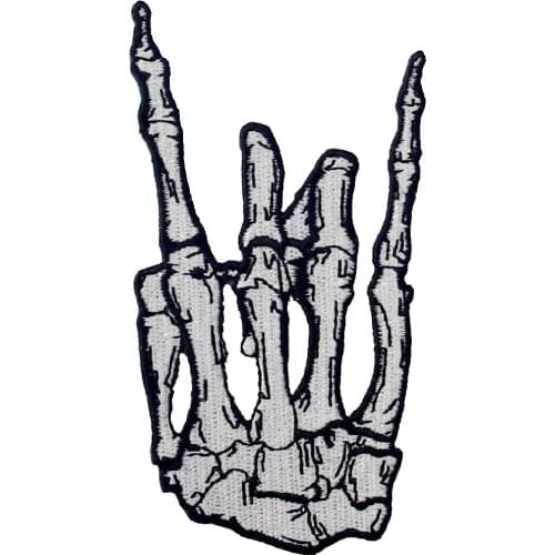 Skeleton Finger Hand Sign Embroidered Patches Punk Rock Heavy Metal Skull Badge Applique Iron on Sew on Emblem Biker for Clothes