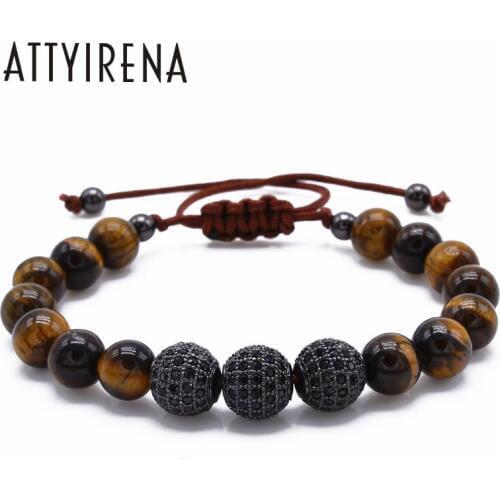 New Men Bracelet 8MM Tiger Stone & 10mm Micro Pave Black CZ Beads Braiding Bracelet Handmade Friendship Mens Charm Jewelry